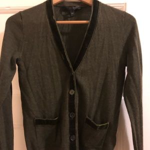 Beautiful olive green cardigan with velour trim.
